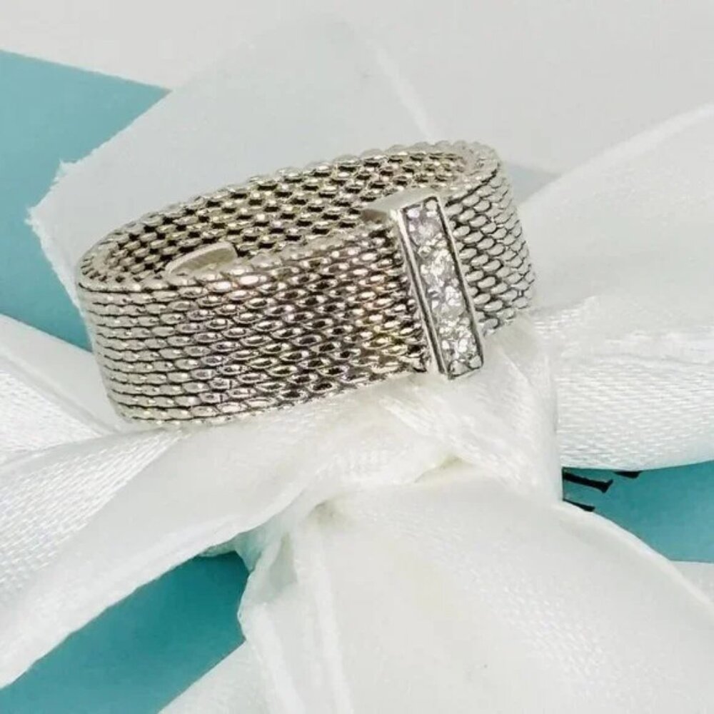 Size 6 Tiffany Somerset 4 Diamond Mesh Weave Band Ring in Sterling Silver